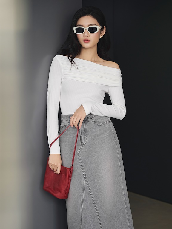 Áo thun lệch vai nhún eo